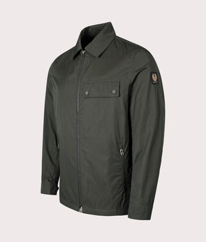 Belstaff Depot Overshirt in Tile Green. Side angle shot at EQVVS.