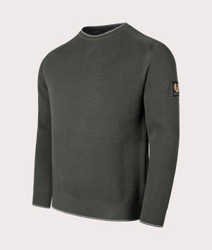 Belstaff Cole Crewneck Jumper in Tile Green. Side angle shot at EQVVS.