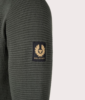 Belstaff Cole Crewneck Jumper in Tile Green. Detail angle shot at EQVVS.