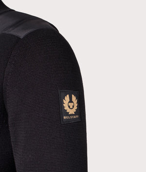 Belstaff Vertex Zip Cardigan in Black, 100% Cotton Body. At EQVVS Menswear. Front angle logo shot