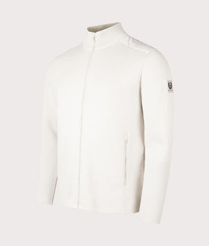 Belstaff Vertex Zip Cardigan in Stone Beige, 100% Cotton Body. At EQVVS Menswear. Front angle detail shot