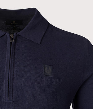 Belstaff Drift Knitted Long Sleeve Polo Shirt in Dark Ink . Shot at EQVVS.  Detail shot. 