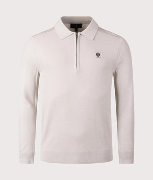 Belstaff Drift Knitted Long Sleeve Polo Shirt in Stone Beige. Shot at EQVVS. Front shot. 