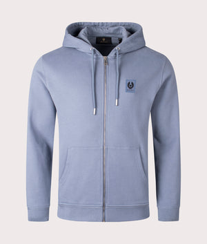 Belstaff Zip Through Hoodie in Blue Flint, 100% Cotton. At EQVVS Menswear. Front detail shot 