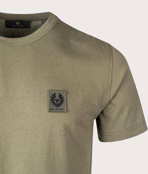 Belstaff T-Shirt in Surplus Green, 100% Cotton. At EQVVS Menswear. Front logo shot 