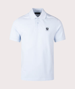 Belstaff Polo Shirt in Sky blue, 100% Cotton. At EQVSS Menswear. Front detail shot. 