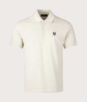 Belstaff Polo Shirt in Stone Beige, 100% Cotton. At EQVSS Menswear. Front detail shot.  