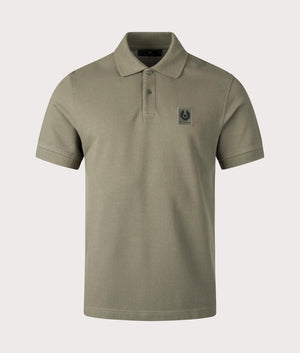 Belstaff Polo Shirt in Surplus Green, 100% Cotton. At EQVSS Menswear. Front detail shot.  