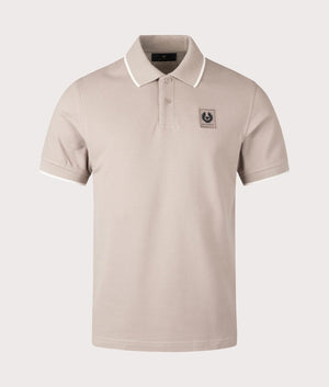 Belstaff Tipped Polo Shirt in Pumice, 100% Cotton. At EQVVS Menswear. Front detail shot.