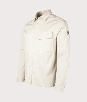 Belstaff Scale Shirt in Stone Beige, 100% Cotton. At EQVVS Menswear. Front angle detail shot