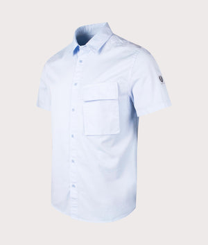 Belstaff Short Sleeve Scale Shirt in Sky Blue, 100% Cotton. At EQVVS Menswear. Front angle detail shot