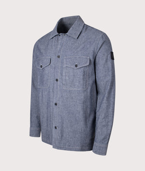 Belstaff CS60 Overshirt in Chambray. Shot at EQVVS.  Angle shot. 