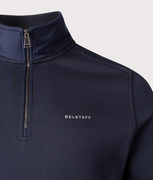 Belstaff Alloy Quarter Zip Sweatshirt in Dark Ink. Shot at EQVVS.  Close up shot. 