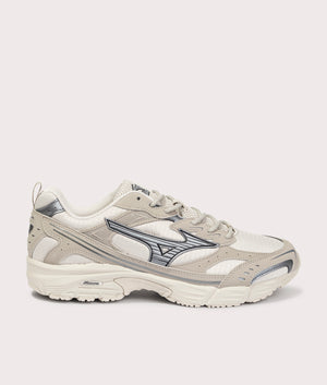 MXR Casual Sneakers in Silver Cloud and Metallic Grey by Mizuno at EQVVS. Side Angle Shot. 