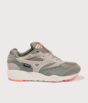 Mizuno Contender Cordura Sneakers in Agave Green, Vintage Khaki, and Vibrant Orange. Side shot at EQVVS.