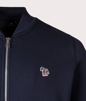 PS Paul Smith Zebra Bomber Zip Through Sweatshirt in Very Dark Navy. Shot at EQVVS. Detail shot. 