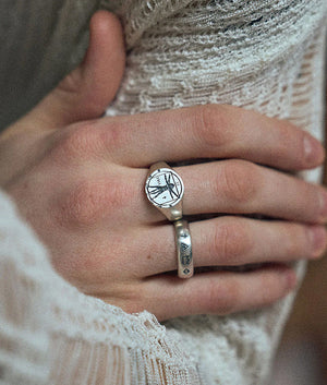 Serge DeNimes, Silver 4 Symbols Ring, Eqvvs Menswear, model shot