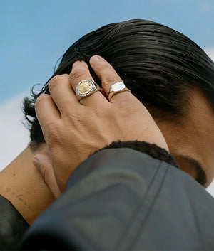 Serge DeNimes, Silver Signet Ring, Eqvvs Menswear, model shot angle