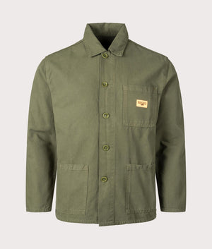 Service Works Canvas Coverall Jacket in Olive Organic Cotton at EQVVS Menswear Front Shot