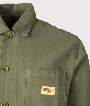 Service Works Canvas Coverall Jacket in Olive Organic Cotton at EQVVS Menswear Detail Shot