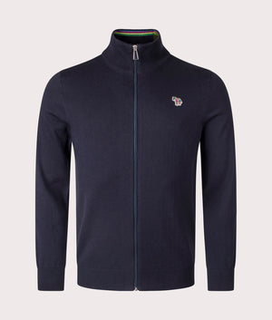 Paul Smith, Zip Through Zebra Badge Cardigan, very dark navy, Eqvvs Menswear, front shot angle