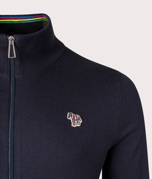 Paul Smith, Zip Through Zebra Badge Cardigan, very dark navy, Eqvvs Menswear, detailed shot angle