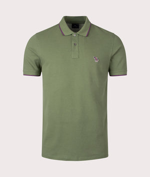 Zebra Badge Polo Shirt in Light Greyish Green. by PS Paul Smith. EQVVS Front Angle Shot.