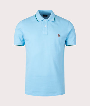 Zebra Badge Polo Shirt in Light Blue by PS Paul Smith. EQVVS Front Angle Shot.