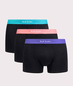 PS Paul Smith 3 Pack Mix Band Trunks in Black with Blue, Pink and Purple Waistband. EQVVS Front Shot.