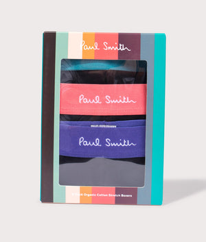 PS Paul Smith 3 Pack Mix Band Trunks in Black with Blue, Pink and Purple Waistband. EQVVS Box Shot.