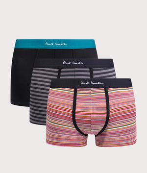 PS Paul Smith 3 Pack Art Stripe Trunks with Multi Design: pink stripe trunks, black and grey stripe trunks and black trunks with blue waistband. EQVVS Front Shot