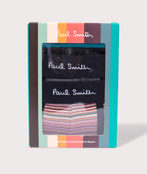 PS Paul Smith 3 Pack Art Stripe Trunks with Multi Design: pink stripe trunks, black and grey stripe trunks and black trunks with blue waistband. EQVVS Box Shot