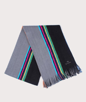 PS Paul Smith PS Reversible 'Sports Stripe' Scarf in Black and Stripe, 100% Merino Wool. Front Shot at EQVVS.