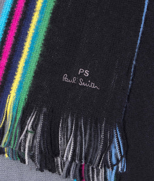 PS Paul Smith PS Reversible 'Sports Stripe' Scarf in Black and Stripe, 100% Merino Wool. Detail Shot at EQVVS.