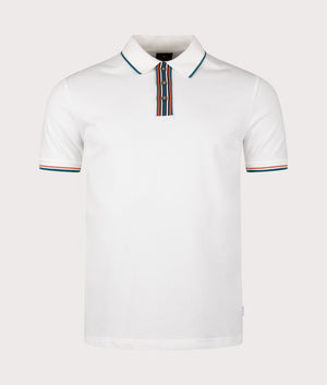 PS Paul Smith Striped Placket Polo Shirt in White with Red and Blue trim at EQVVS Menswear Front Detail Shot