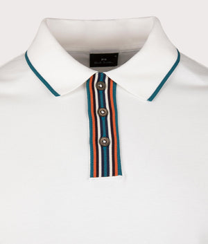 PS Paul Smith Striped Placket Polo Shirt in White with Red and Blue trim at EQVVS Menswear Front Collar Detail Shot