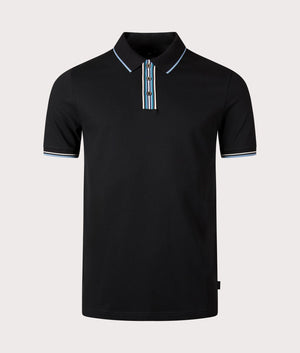 PS Paul Smith Striped Placket Polo Shirt in Black with Blue and White trim at EQVVS Menswear Front Detail Shot