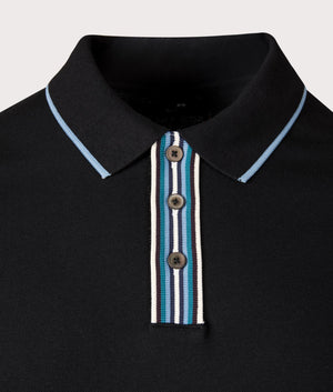 PS Paul Smith Striped Placket Polo Shirt in Black with Blue and White trim at EQVVS Menswear Front Collar Detail Shot