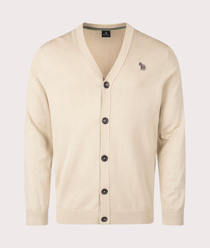 Button Down Zebra Badge Cardigan in Medium Beige by PS Paul Smith at EQVVS.  Front Angle Shot. 