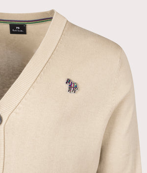 Button Down Zebra Badge Cardigan in Medium Beige by PS Paul Smith at EQVVS.  Detail Shot.