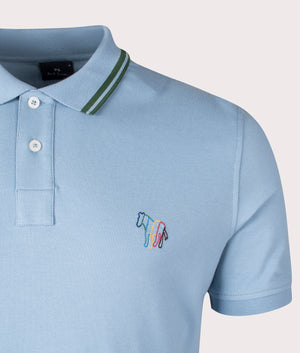 Zebra Emblem Polo Shirt in Light Blue by PS Paul Smith at EQVVS. Detail Shot.