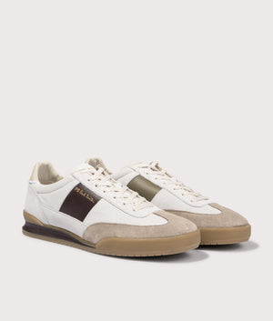 PS Paul Smith Dover White Brown Side Panel Trainers in Off White. Shot at EQVVS.  Front shot. 