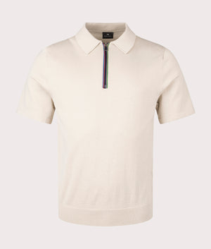 PS Smith Sports Stripe Zip Knitted Cotton Polo Shirt in Ice White/Beige. EQVVS front Shot.