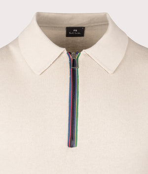 PS Smith Sports Stripe Zip Knitted Cotton Polo Shirt in Ice White/Beige. EQVVS detail Shot.