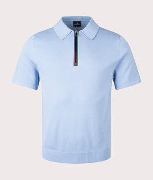 PS Smith Sports Stripe Zip Knitted Cotton Polo Shirt in light blue. EQVVS front Shot.