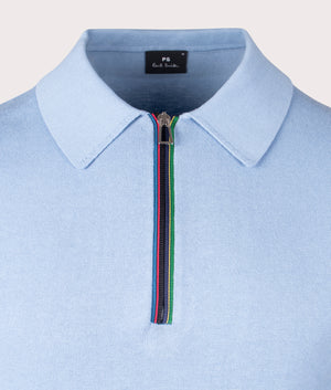 PS Smith Sports Stripe Zip Knitted Cotton Polo Shirt in light blue. EQVVS Detail Shot.