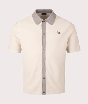 PS Paul Smith Zebra Badge Sweater Polo Shirt in Ice White/Beige. EQVVS Front Shot.