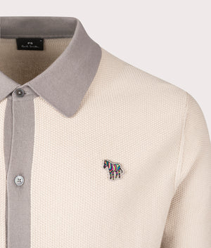 PS Paul Smith Zebra Badge Sweater Polo Shirt in Ice White/Beige. EQVVS Detail Shot.