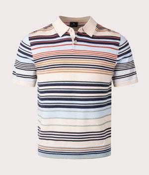 PS Paul Smith Striped Knit Polo Shirt in Ice White. Shot at EQVVS. Front shot. 