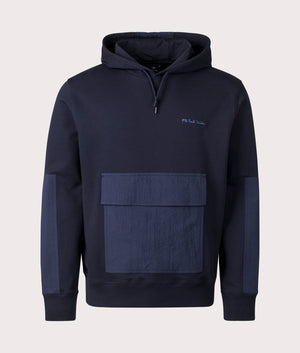 PS Paul Smith Panelled Hoodie in Very Dark Navy. Shot at EQVVS.  Front shot. 